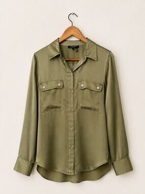DKNY Silky Olive Green Button Up Shirt Womens Sz XS Office Executive Casual